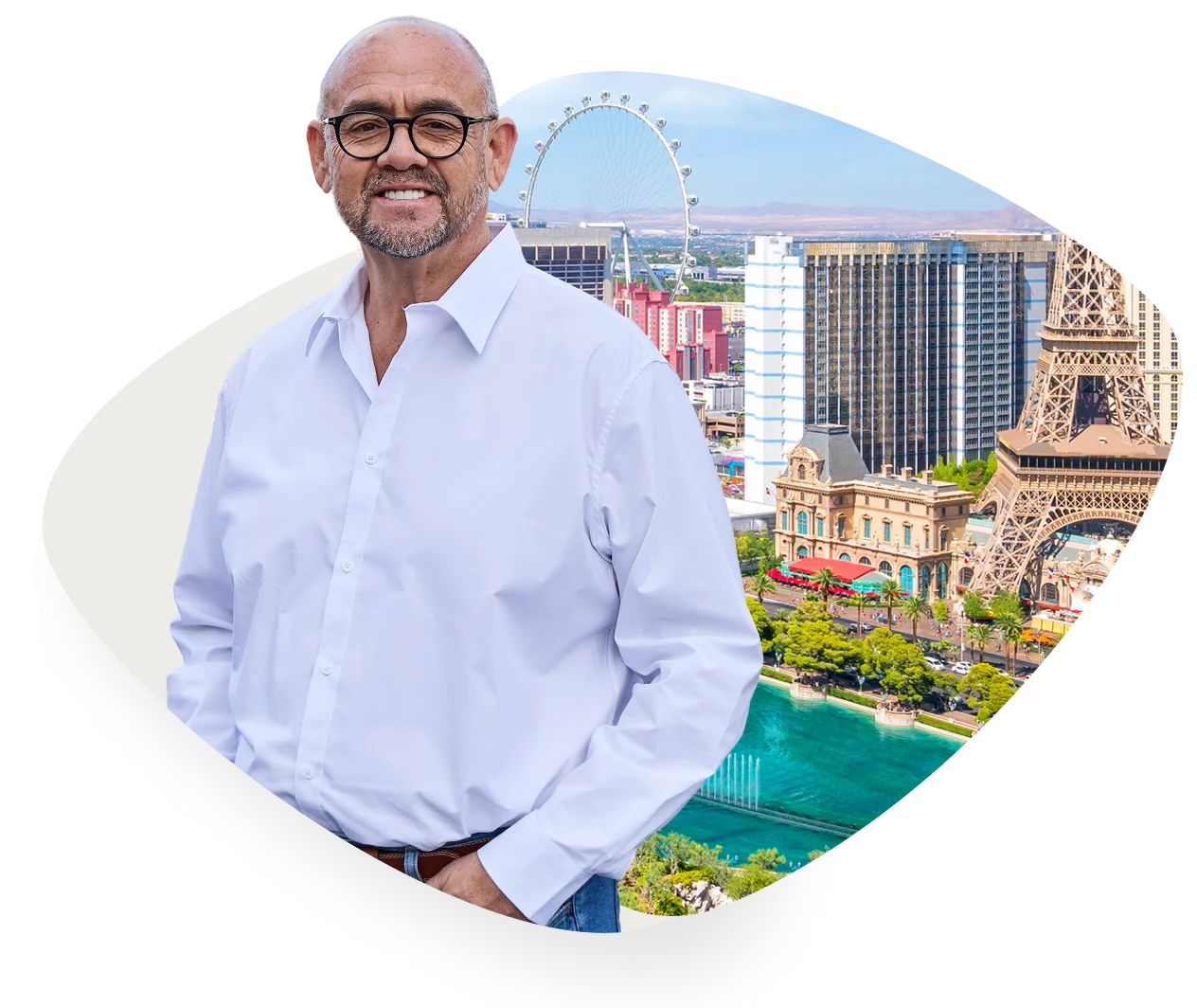 Noah with Vegas skyline in the background. Text says Vegas Trusted Homebuyer Since 1992.